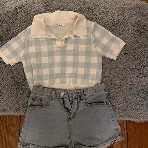 Blue top with the short